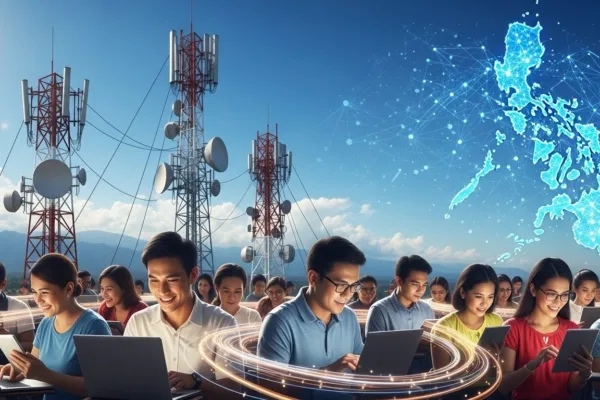 People happily working under transmission towers under the DICT's Konektadong Pinoy project