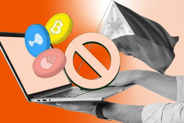 Poster showing a man holding a laptop with crypto icons and the PH flag as crypto crackdowns start to become stricter