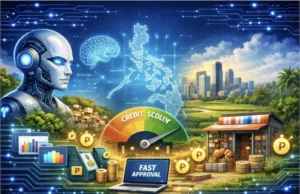 Caricature showing a robot's head, the PH map, and economic economic indicators to show how AI lending is revolutionizing credit access in the Philippines