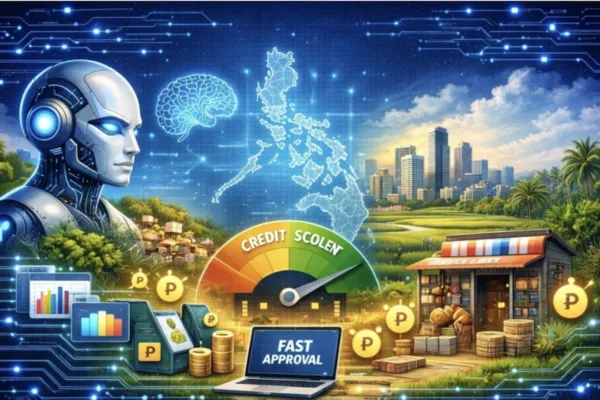 Caricature showing a robot's head, the PH map, and economic economic indicators to show how AI lending is revolutionizing credit access in the Philippines