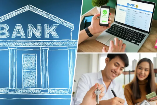 Collage of photos showing a couple applying for a bank loan as bank lending rises 10.3% as demand stays resilient in late 2025 according to the BSP