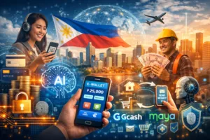 Caricature of OFWs, e-wallets and PH flag to illustrate that the Philippines is set for fintech boom as key trends shape the industry by 2026