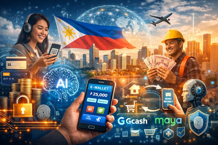 Caricature of OFWs, e-wallets and PH flag to illustrate that the Philippines is set for fintech boom as key trends shape the industry by 2026