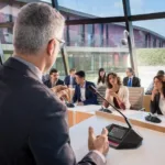 A man speaks using a mic at a conference as Bosch empowers digital governance in PH with cutting-edge DICENTIS conference solutions