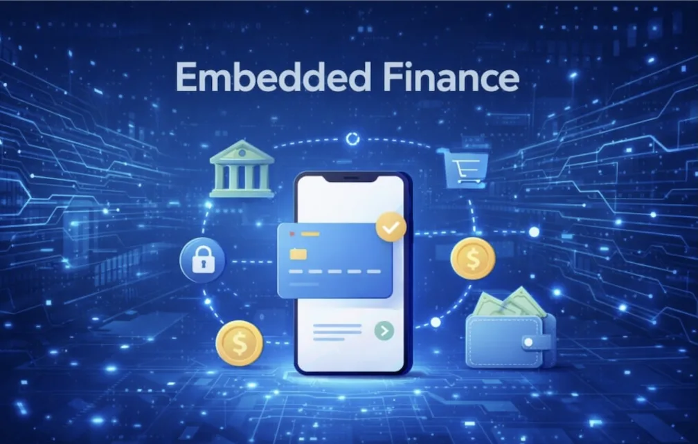 Poster-caricature to show how embedded finance is reshaping retail and digital platforms in PH