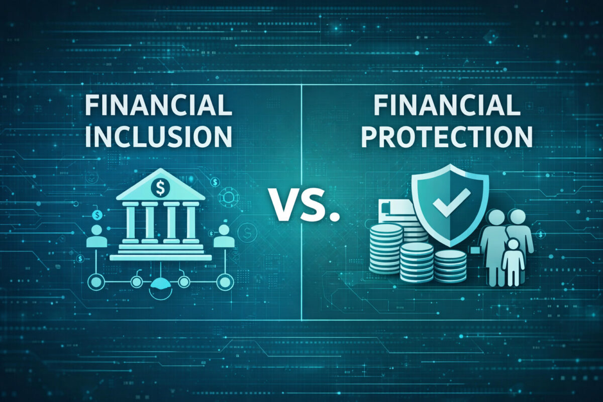 Landscape infographic comparing Financial Inclusion vs Financial Protection on a clean, modern tech-themed background. The left side displays the text “FINANCIAL INCLUSION” above an icon of a bank building connected to people and digital nodes, symbolizing access to banking and financial services. The right side shows “FINANCIAL PROTECTION” with icons of stacked coins, a family silhouette, and a shield with a checkmark, representing savings security, insurance, and risk protection. A bold “VS.” appears in the center dividing the two concepts. The background features subtle blue and teal digital lines and data patterns, conveying a technology-driven financial ecosystem without visual clutter.