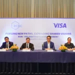 Photo of RCBC First Senior Vice President and Head of the Transaction Banking Group Martin Tirol, President and Chief Executive Officer Reggie Cariaso, Visa Philippines Country Manager Jeffrey Navarro and Head of Clients Rio Mayuga during the MOA-signing