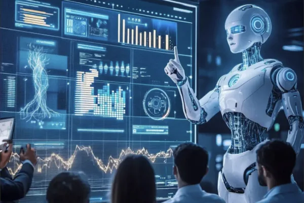 Image of a robot teaching humans as Vertiv flags AI-driven shift in data center design, power, and cooling