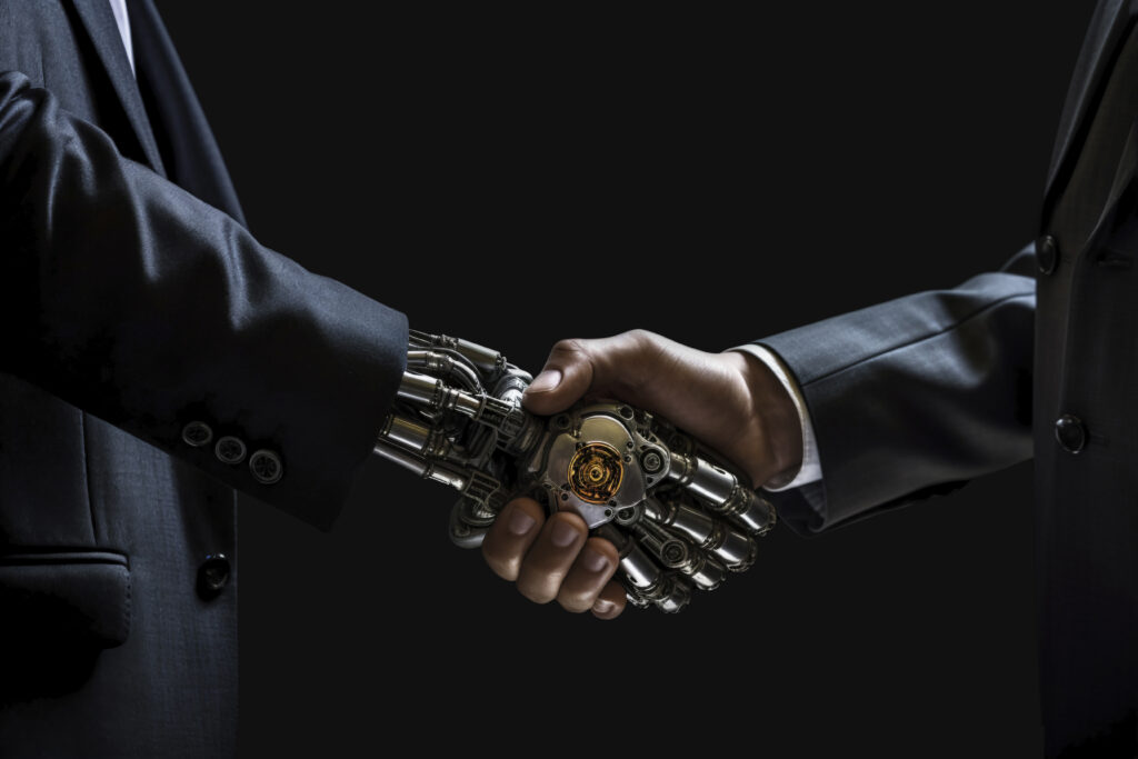 Ai robot hand shaking human hand