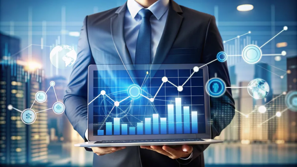 Businessman Holding Laptop Showing Fintech's Data.