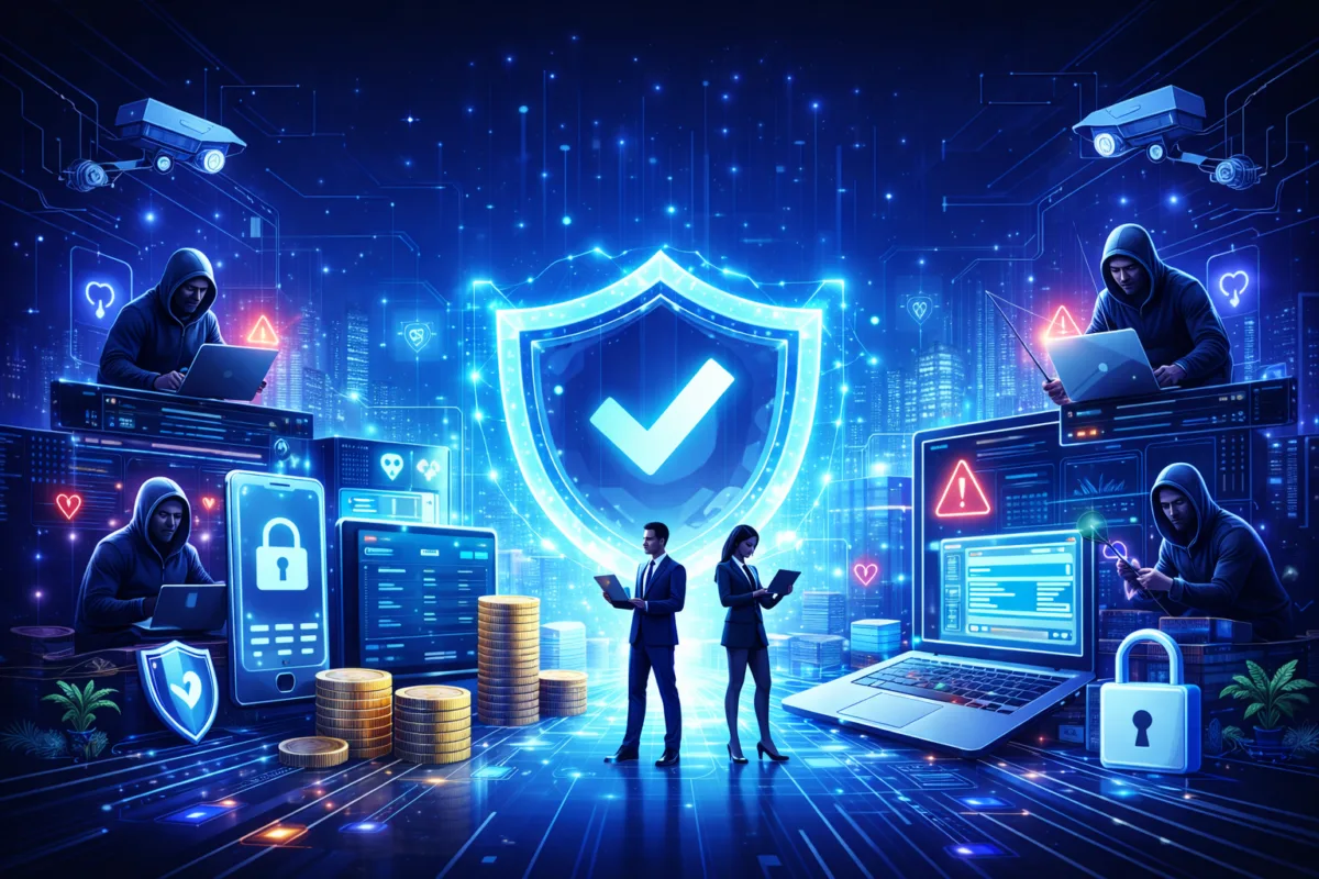 A futuristic, blue-toned digital illustration showing cybersecurity in fintech: a glowing shield with a checkmark at the center protects financial apps, data dashboards, and stacked coins, while hooded hackers attempt breaches from surrounding devices in a neon cityscape.