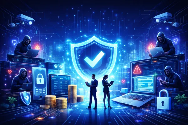 A futuristic, blue-toned digital illustration showing cybersecurity in fintech: a glowing shield with a checkmark at the center protects financial apps, data dashboards, and stacked coins, while hooded hackers attempt breaches from surrounding devices in a neon cityscape.