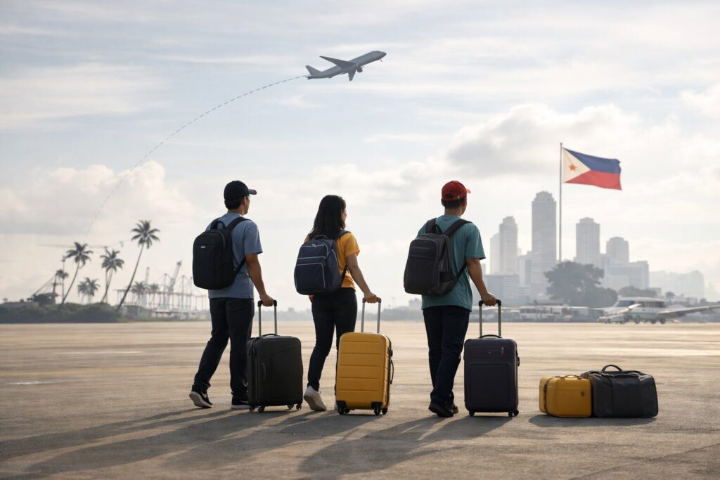 A realistic photograph of three OFW standing on an airport tarmac with rolling luggage, watching a plane take off. The scene includes a gently blurred city skyline, palm trees, and cranes in the background, with the Philippine flag fluttering nearby. The workers are casually dressed and backlit by soft natural sunlight, creating a warm and contemplative atmosphere.