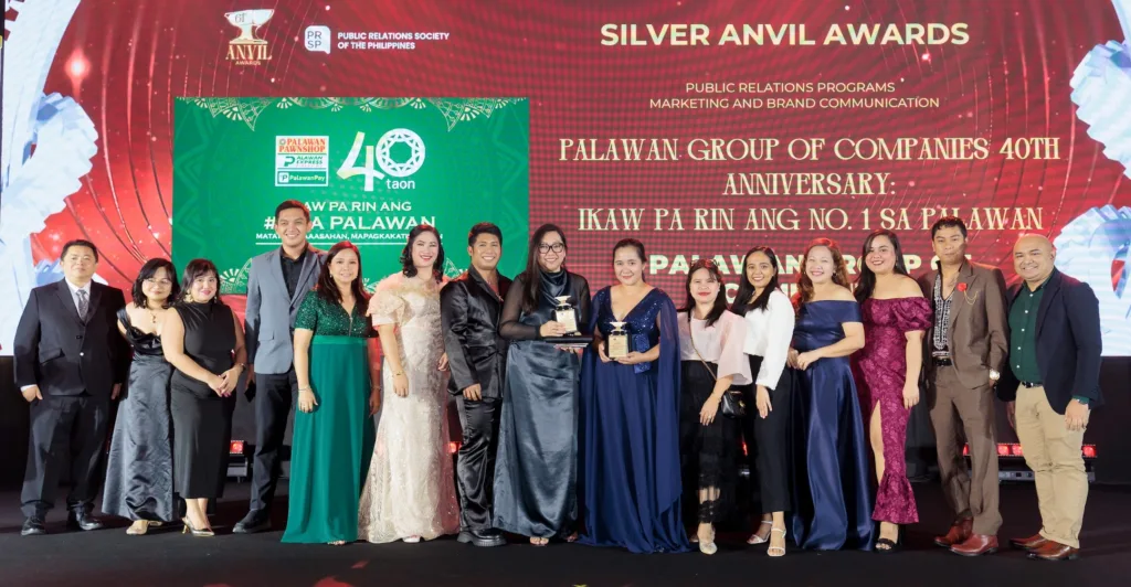 Executives and officers of the Palawan Group of Companies, together with the
campaign team and PR agency Browne Communications, following their two Silver wins

in Marketing and Brand Communication and Financial Communication at the 61st Anvil
Awards.