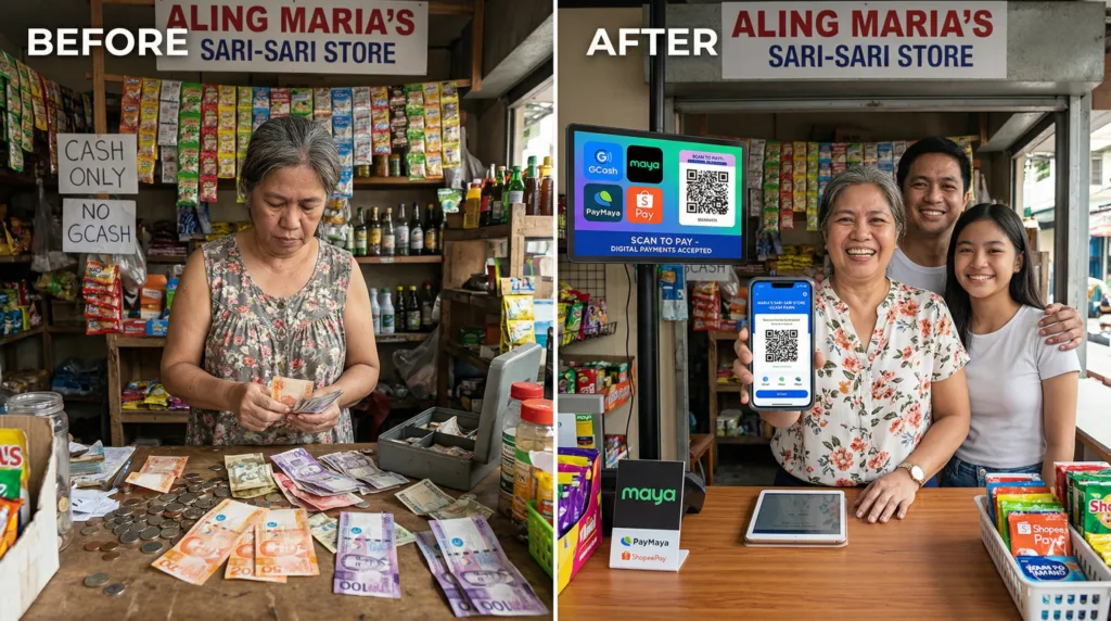 A before-and-after split image showing a sari-sari store transitioning from cash-only piles to digital screens with e-wallet icons; add a family owner smiling while holding a phone, emphasizing empowerment.