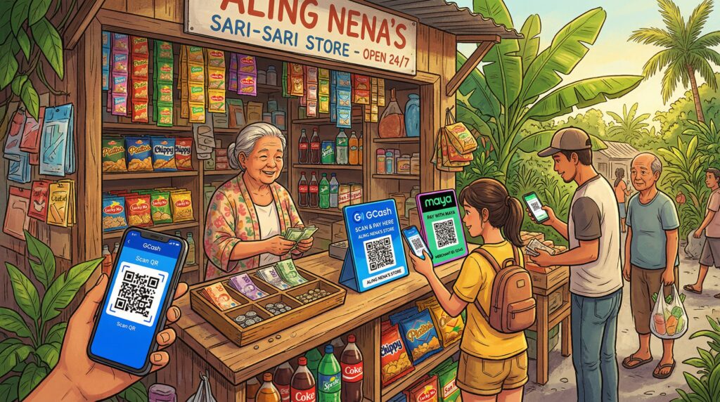 Fintech in sari-sari stores: Customers using QR payments at a local Philippine neighborhood shop.  