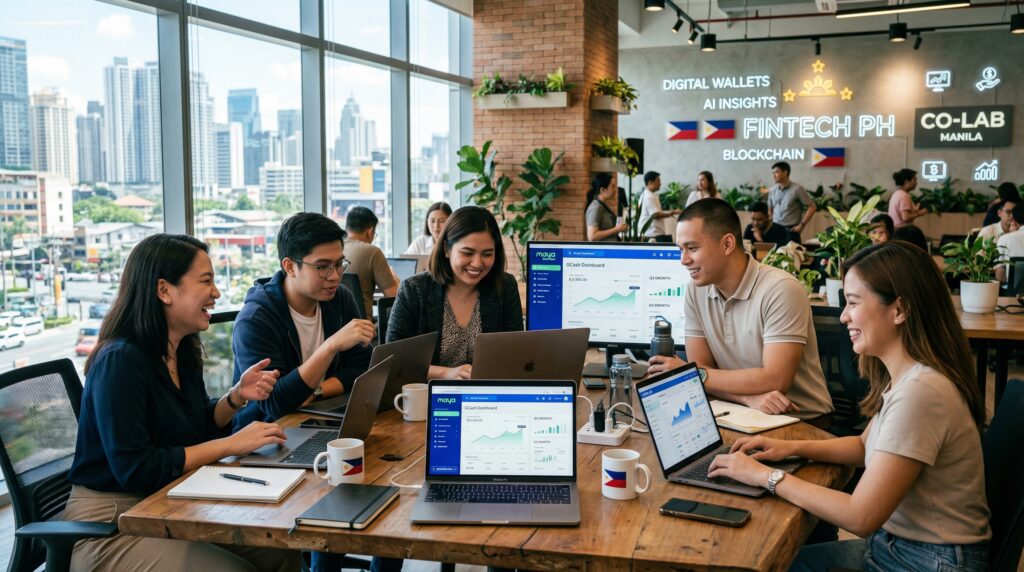 Young Filipino fintech founders collaborating on innovative digital apps in Philippines.