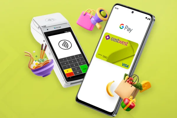 Image of a mobile phone with digital app as EastWest accelerates digital shift with Google Pay integration for debit cards