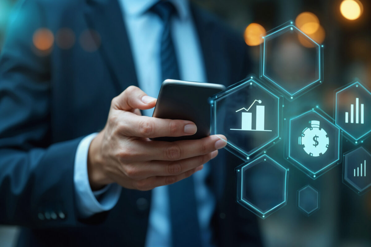 Fintech apps being navigated on a man's phone