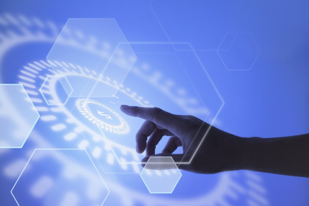 hand pointing currency blockchain technology background