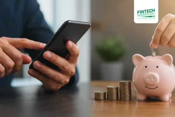 A person using a mobile banking app beside a piggy bank and stacked coins, symbolizing digital banking, savings, and modern financial habits.
