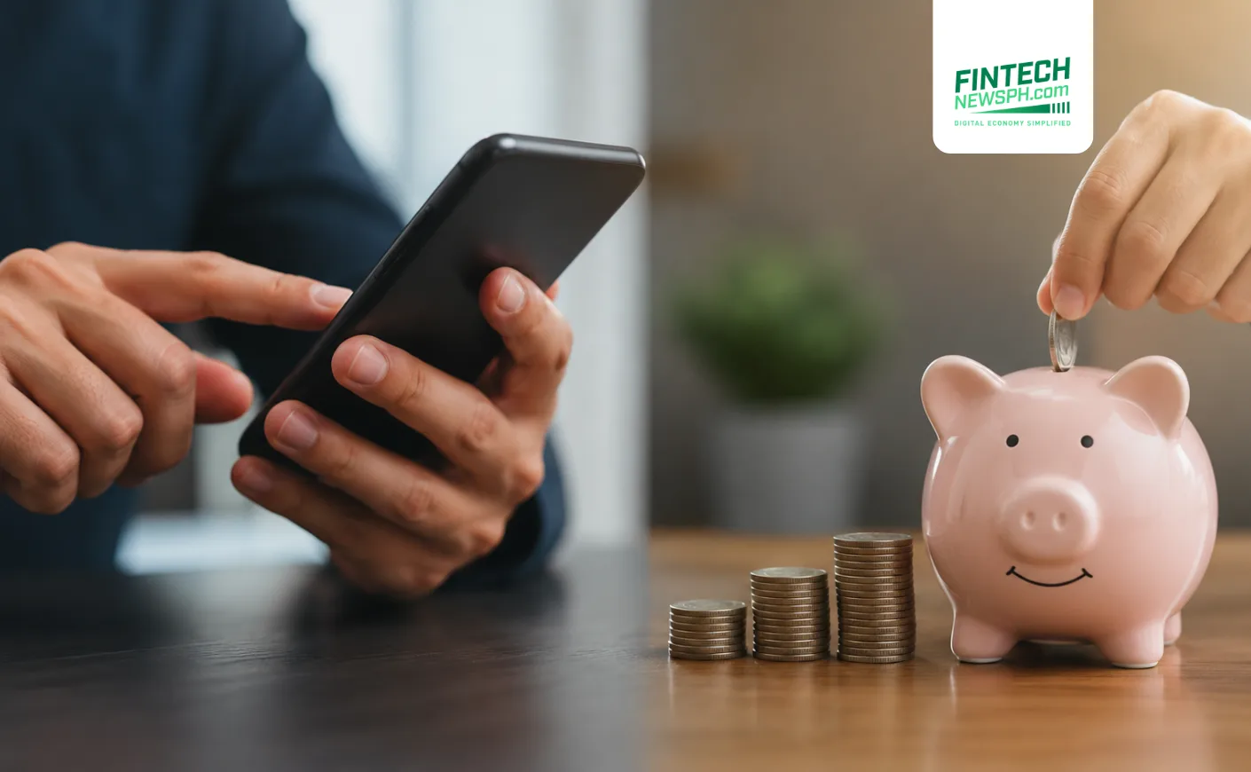 A person using a mobile banking app beside a piggy bank and stacked coins, symbolizing digital banking, savings, and modern financial habits.
