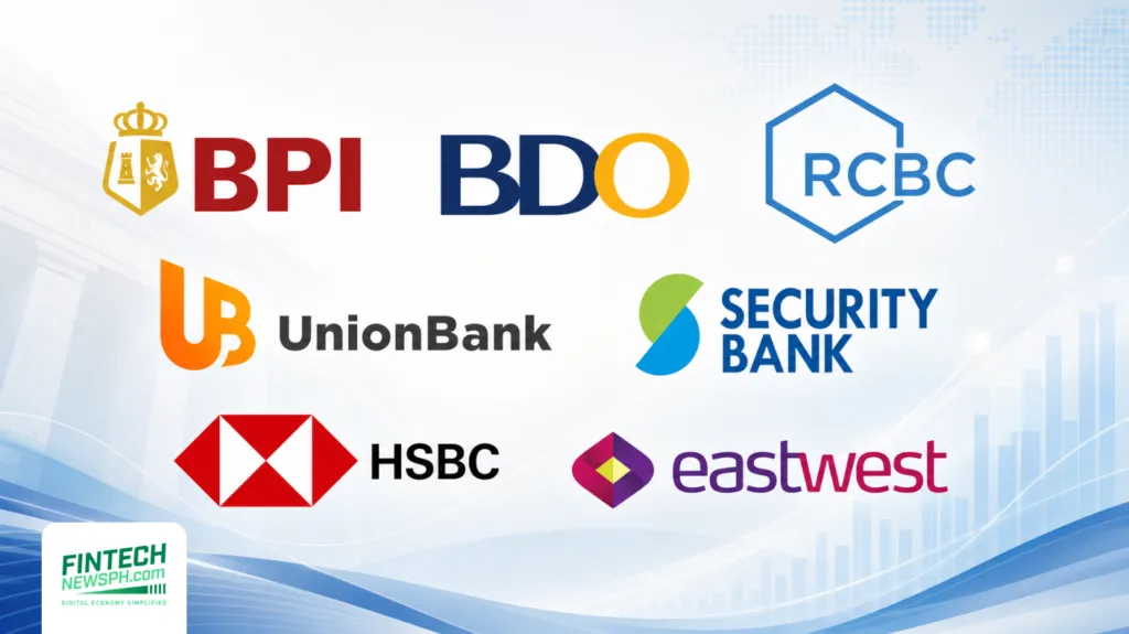 Credit card promos: Logos of BPI, BDO, RCBC, UnionBank, Security Bank, HSBC, and EastWest arranged on a clean finance-themed background.