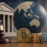 A judge’s gavel, cryptocurrency coins, stablecoin symbol, and balance scale beside a globe focused on the Asia-Pacific region, representing crypto regulation, compliance, and digital asset oversight in APAC.