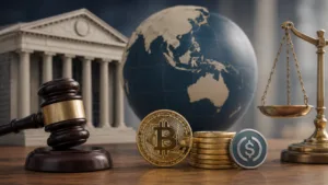 A judge’s gavel, cryptocurrency coins, stablecoin symbol, and balance scale beside a globe focused on the Asia-Pacific region, representing crypto regulation, compliance, and digital asset oversight in APAC.