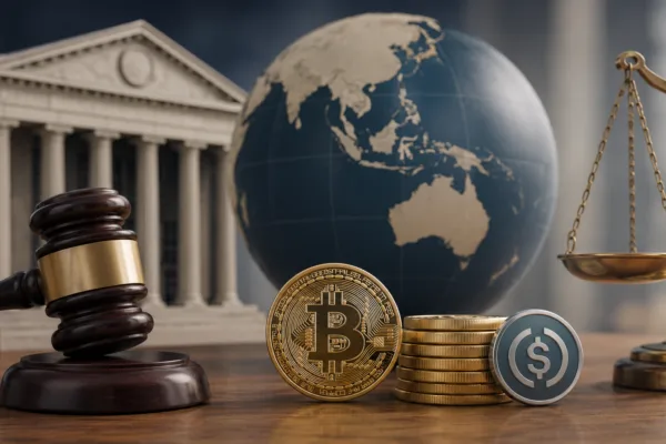 A judge’s gavel, cryptocurrency coins, stablecoin symbol, and balance scale beside a globe focused on the Asia-Pacific region, representing crypto regulation, compliance, and digital asset oversight in APAC.