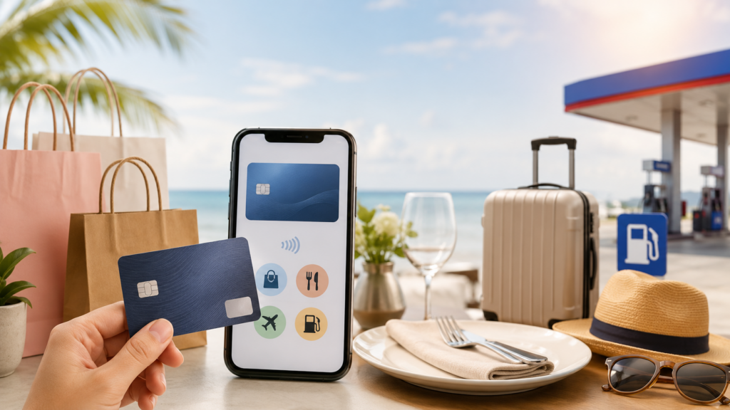 Best credit cards for beginners in the Philippines in 2026 2 Credit cards for beginners: Hand holding credit cards beside a smartphone, with shopping, dining, travel, and fuel elements in the background.