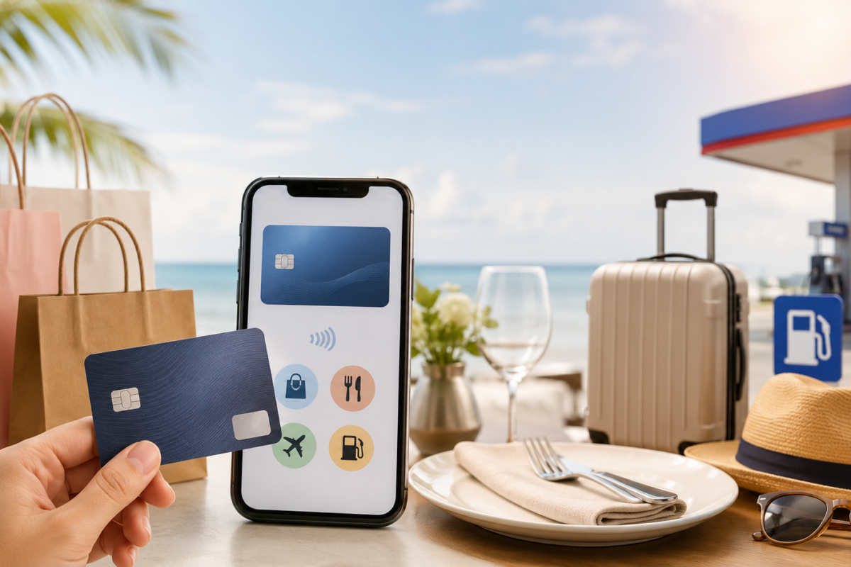 Hand holding a credit card beside a smartphone, with shopping, dining, travel, and fuel elements in the background.