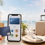 Hand holding a credit card beside a smartphone, with shopping, dining, travel, and fuel elements in the background.