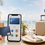 Hand holding a credit card beside a smartphone, with shopping, dining, travel, and fuel elements in the background.