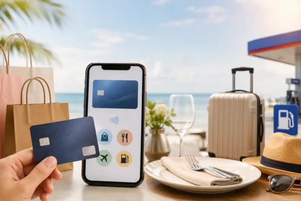 Hand holding a credit card beside a smartphone, with shopping, dining, travel, and fuel elements in the background.