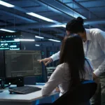 Computer scientists in data center managing and maintaining databases, ensuring data integrity and security. IT staff members updating server room systems using, camera B