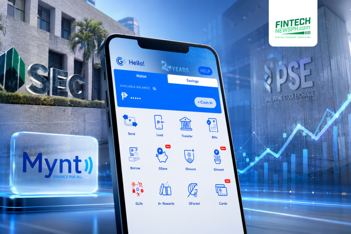 GCash app interface on a smartphone with Mynt branding, SEC building, PSE signage, and upward financial chart graphics representing Mynt’s potential IPO filing.