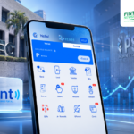 GCash app interface on a smartphone with Mynt branding, SEC building, PSE signage, and upward financial chart graphics representing Mynt’s potential IPO filing.
