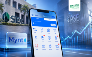 GCash app interface on a smartphone with Mynt branding, SEC building, PSE signage, and upward financial chart graphics representing Mynt’s potential IPO filing.