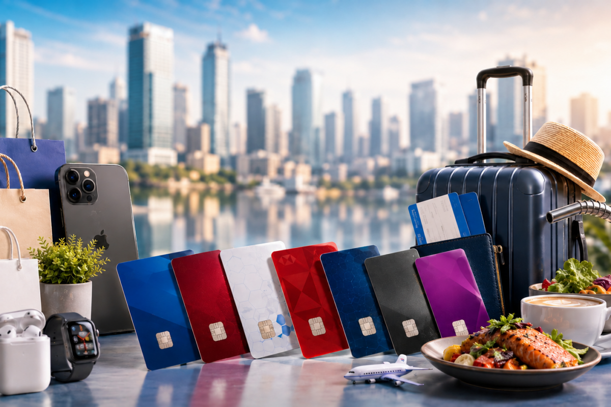 Colorful credit cards displayed with shopping bags, travel items, dining setup and fuel nozzle, representing July 2026 credit card promos in the Philippines.