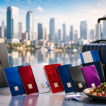 Colorful credit cards displayed with shopping bags, travel items, dining setup and fuel nozzle, representing July 2026 credit card promos in the Philippines.