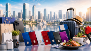 Colorful credit cards displayed with shopping bags, travel items, dining setup and fuel nozzle, representing July 2026 credit card promos in the Philippines.
