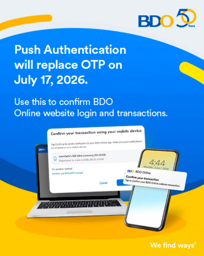 BDO to Replace SMS OTP with Push Authentication Starting July 17